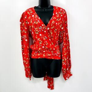 by TiMO Red Floral Wrap long Sleeve Blouse